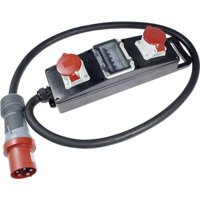 Stekkerdoos met drie aansluitpunten en kabel; twee rode en één witte aansluiting; voorzien van een meetinstrument.