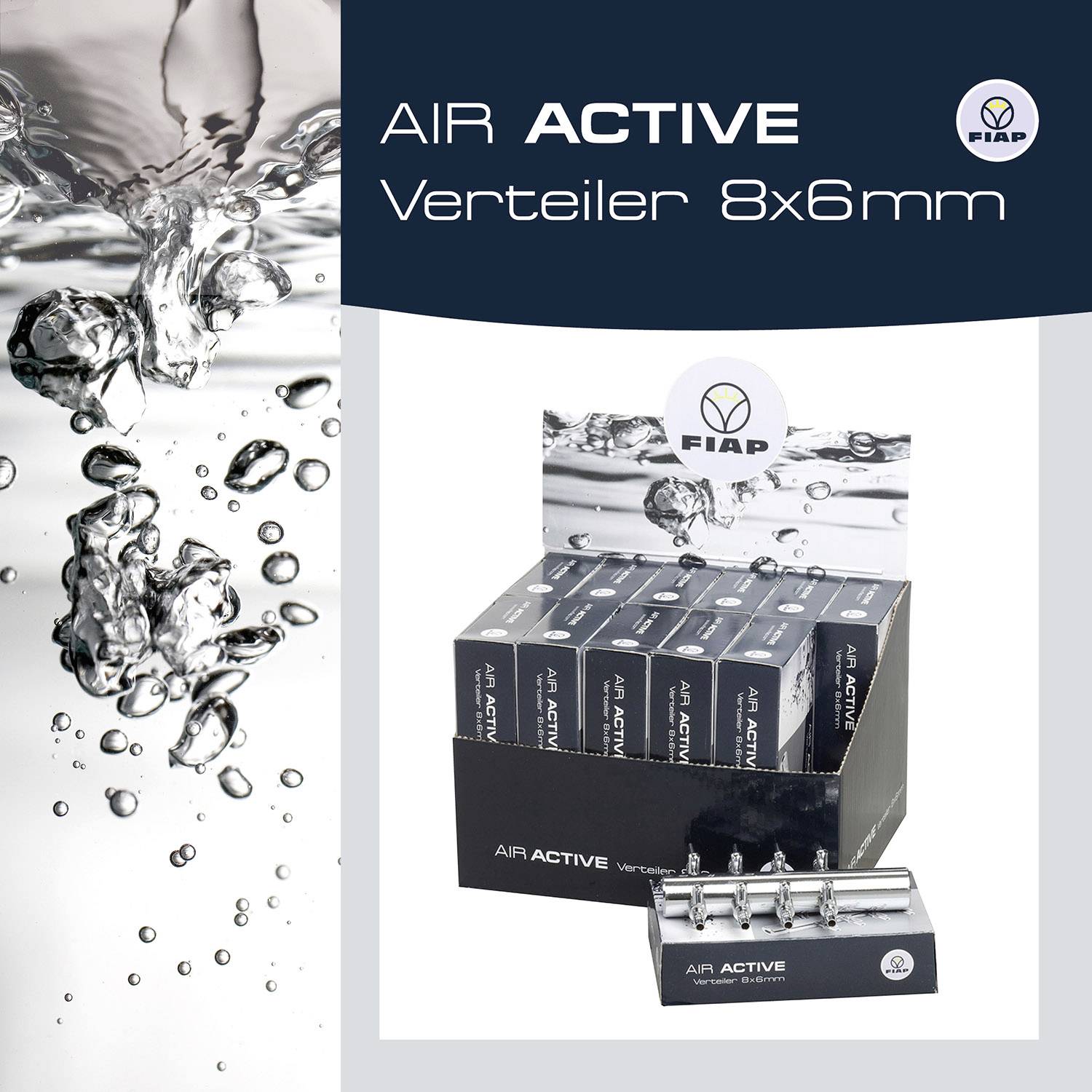 'FIAP AIR ACTIVE Verdeler 8x6mm' wordt als product voor luchtdistributie getoond, met een afbeelding van bruisend water en de verpakking op de achtergrond.