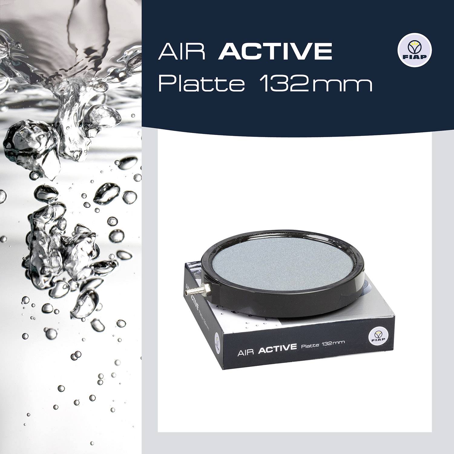 'Air Active Platte 132mm' afgebeeld, met een gladde oppervlakte, naast een achtergrond van waterbubbels. Merk 'FIBR' rechts bovenaan.