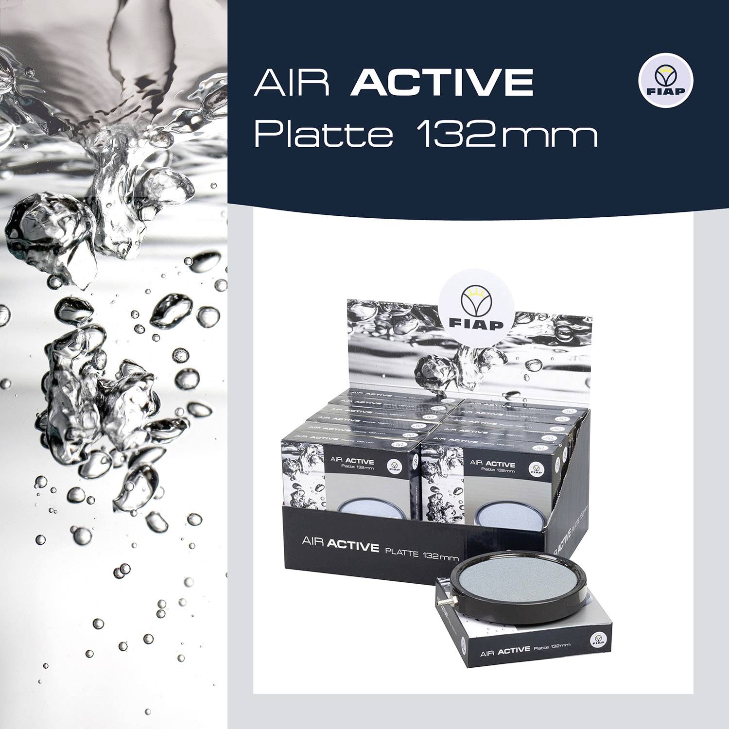 'Reclamefoto van de AIR ACTIVE plaat 132mm van FIAP. Links opborrend water, rechts productverpakking en -presentatie in een rek.'