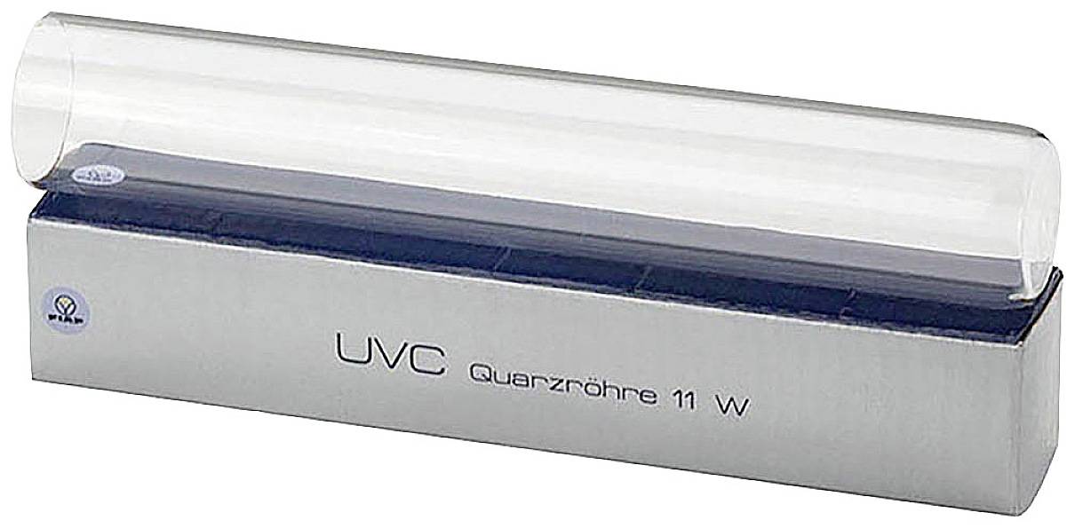 Een UVC-kwartsbuis met het opschrift 'UVC kwartsbuis 11 W' geplaatst op een zilveren kast.