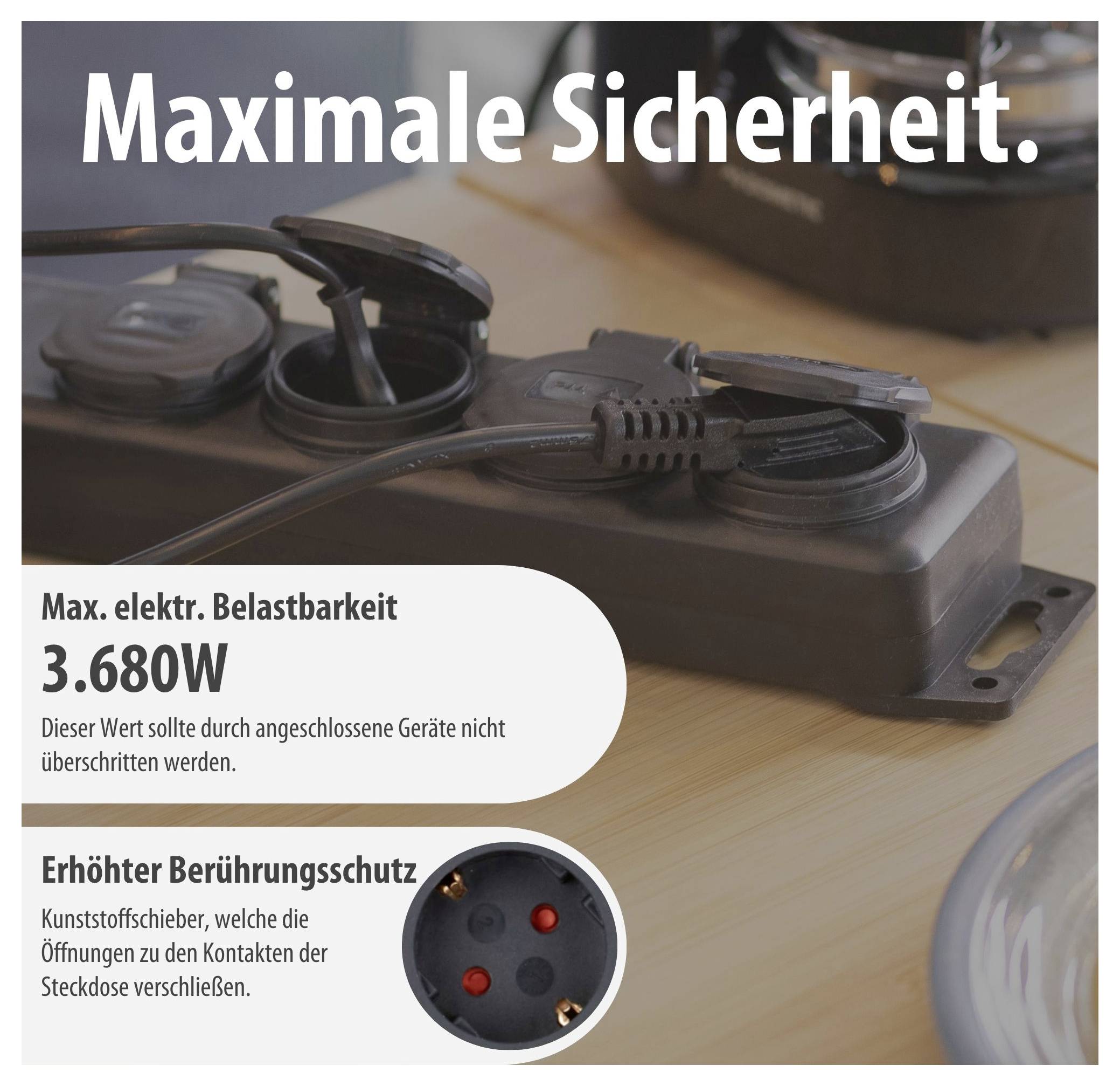 Stekkerdoos met ingestane apparaten; tekst waarschuwt voor maximale elektrische belastbaarheid van 3.680 W en benadrukt verhoogde contactbeveiliging.