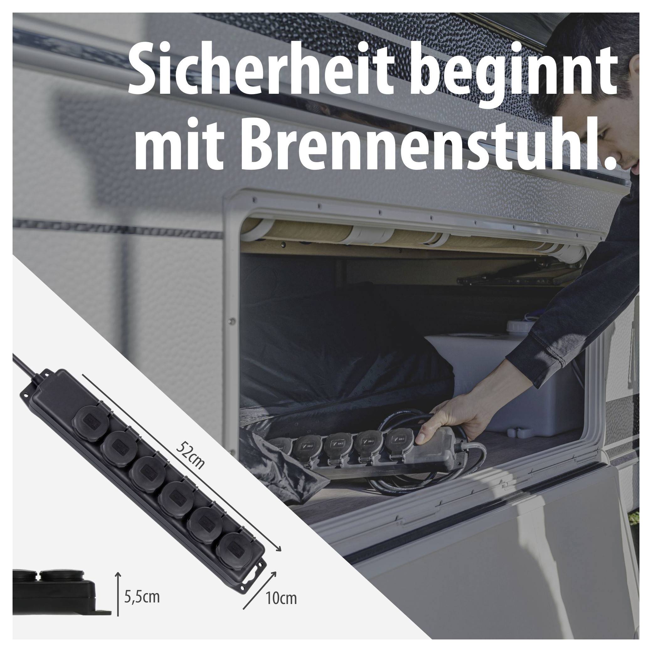 Reclame voor Brennenstuhl: Persoon gebruikt een stekkerdoos in het geopende camper; Tekst 'Veiligheid begint met Brennenstuhl.'