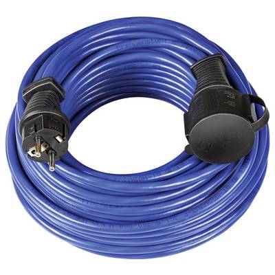 Opgerolde blauwe elektrische verlengsnoer met een geaarde stekker aan het ene uiteinde en een beschermende socketkap aan het andere uiteinde.