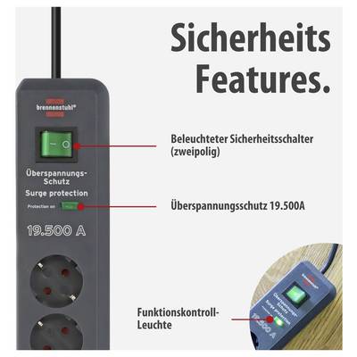 Stekkerdosenstrip met overspanningsbeveiliging en verlichte veiligheidsschakelaar; uitgelichte veiligheidsfuncties en functiecontrolelampje.