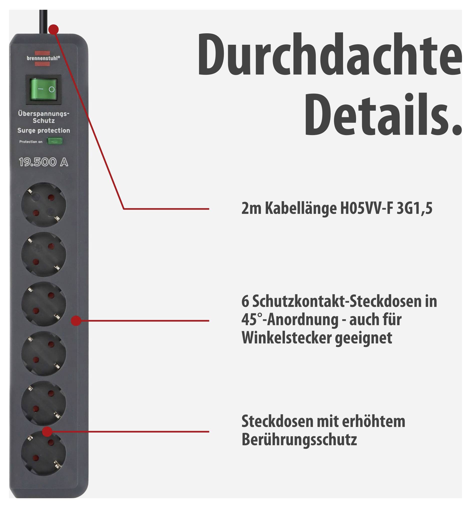 Afgebeelde stekkerdoos met overspanningsbeveiliging; gemarkeerd zijn 2 m kabel, 6 contact-stopcontacten in 45°-opstelling en verhoogde aanraakbeveiliging.