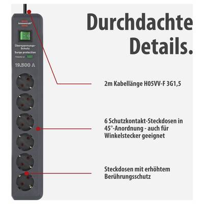 Afgebeelde stekkerdoos met overspanningsbeveiliging; gemarkeerd zijn 2 m kabel, 6 contact-stopcontacten in 45°-opstelling en verhoogde aanraakbeveiliging.
