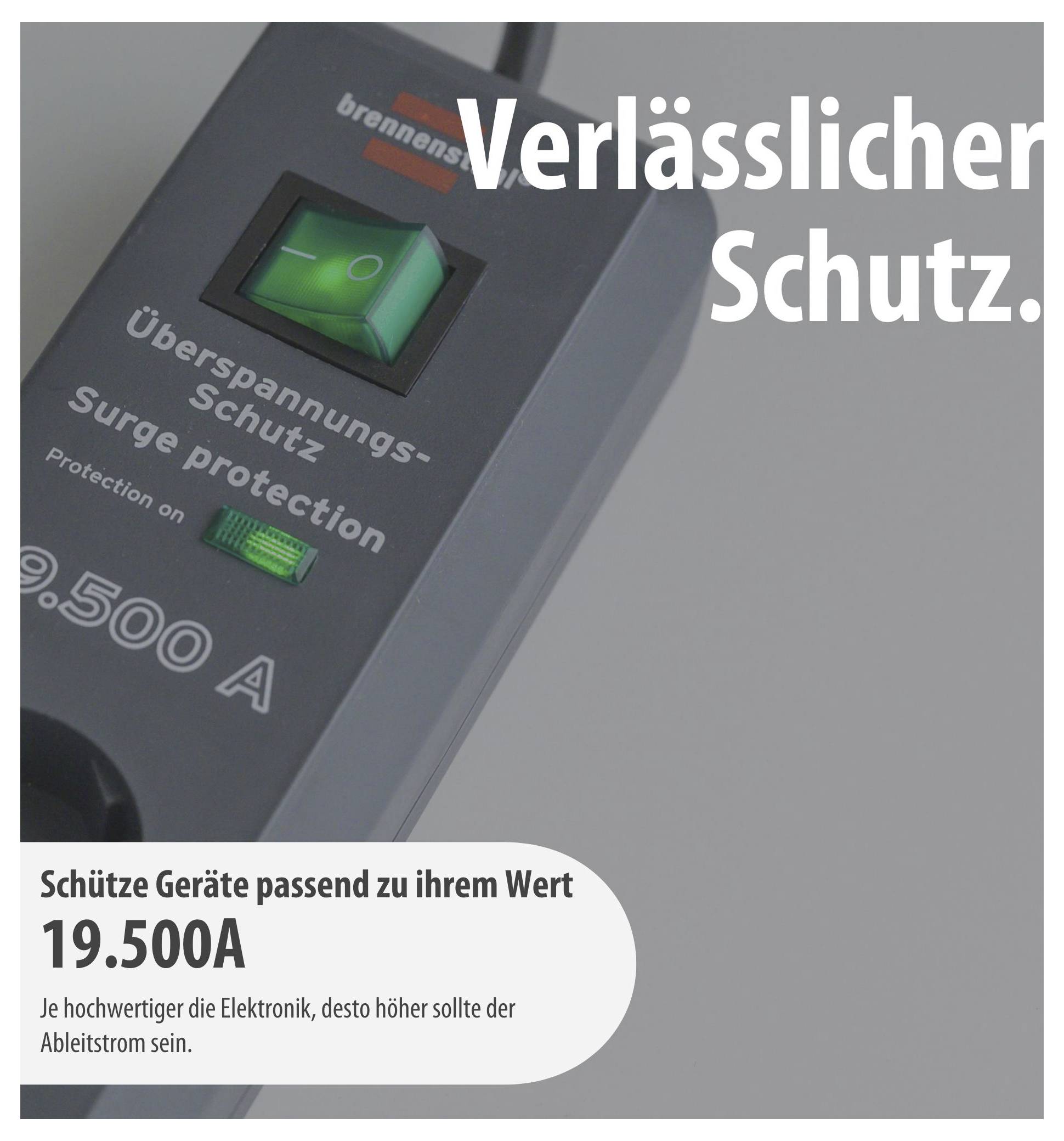 Reclame voor overspanningsbeveiliging: zwart module met groene schakelaar, tekst 'Betrouwbare bescherming' en opmerking 'Bescherm apparaten passend bij hun waarde 19.500A'.