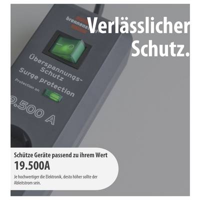 Reclame voor overspanningsbeveiliging: zwart module met groene schakelaar, tekst 'Betrouwbare bescherming' en opmerking 'Bescherm apparaten passend bij hun waarde 19.500A'.