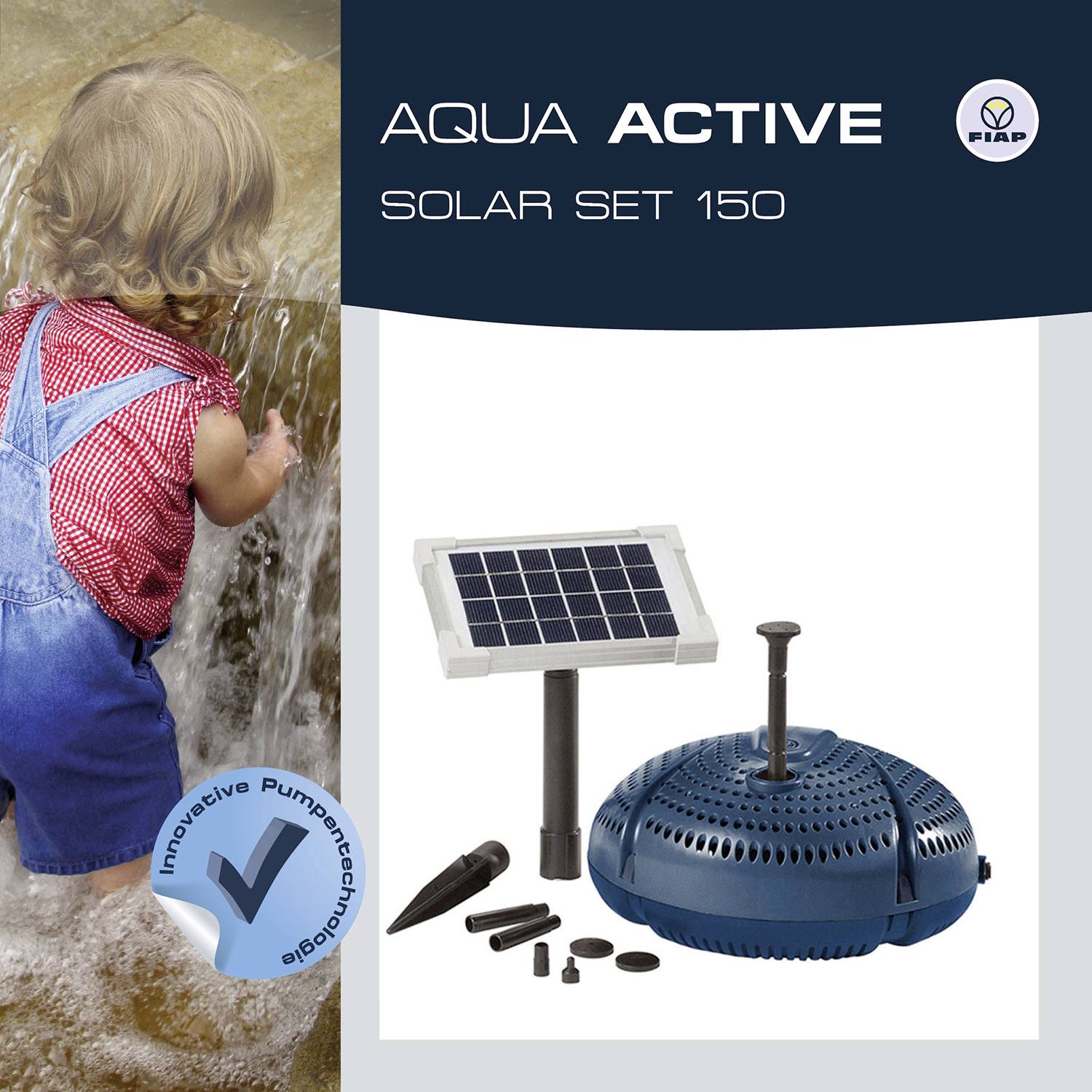 Kind speelt bij de waterval; ernaast reclame voor 'Aqua Active Solar Set 150' met een afbeelding van een zonnepaneel en een pomp.