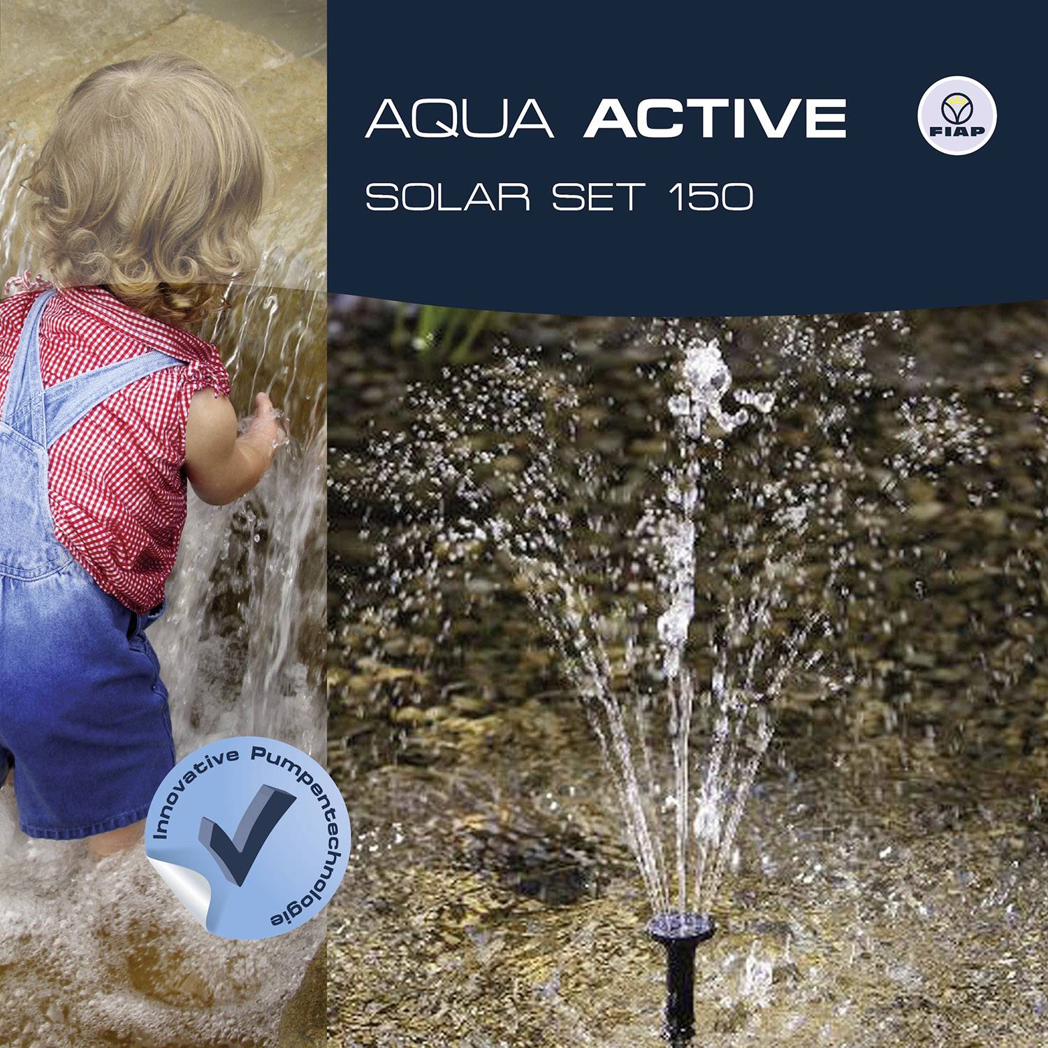'Kleinkind in tuinbroek bekijkt een bruisend waterkunstwerk. Tekst: Aqua Active Solar Set 150.'