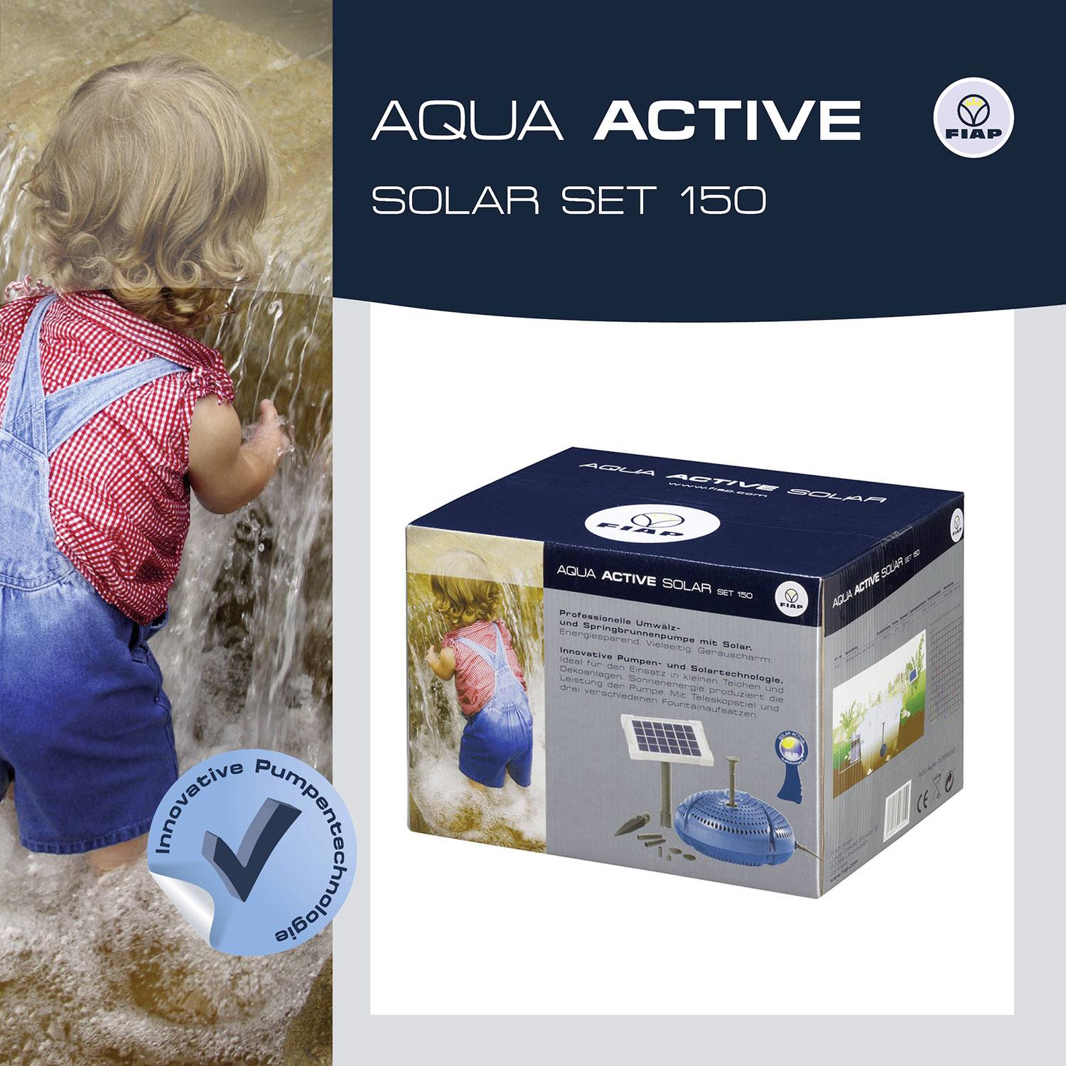 Kind speelt naast een waterloop, draagt een blauw-rood geruit overall. Rechts staat een 'Aqua Active Solar Set 150' op karton afgebeeld.