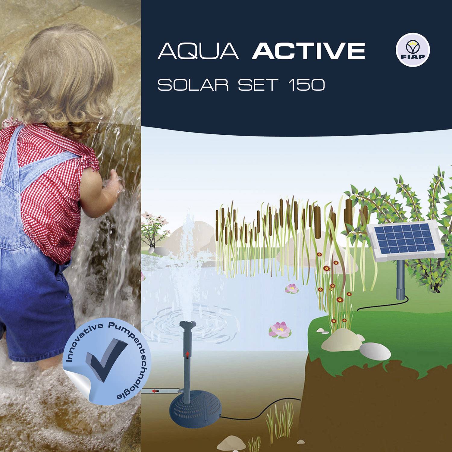 'Kind speelt in het water naast een reclamebord voor AQUA ACTIVE Solar Set 150 van FIAP, dat een vijver met zonnepompsysteem toont.'