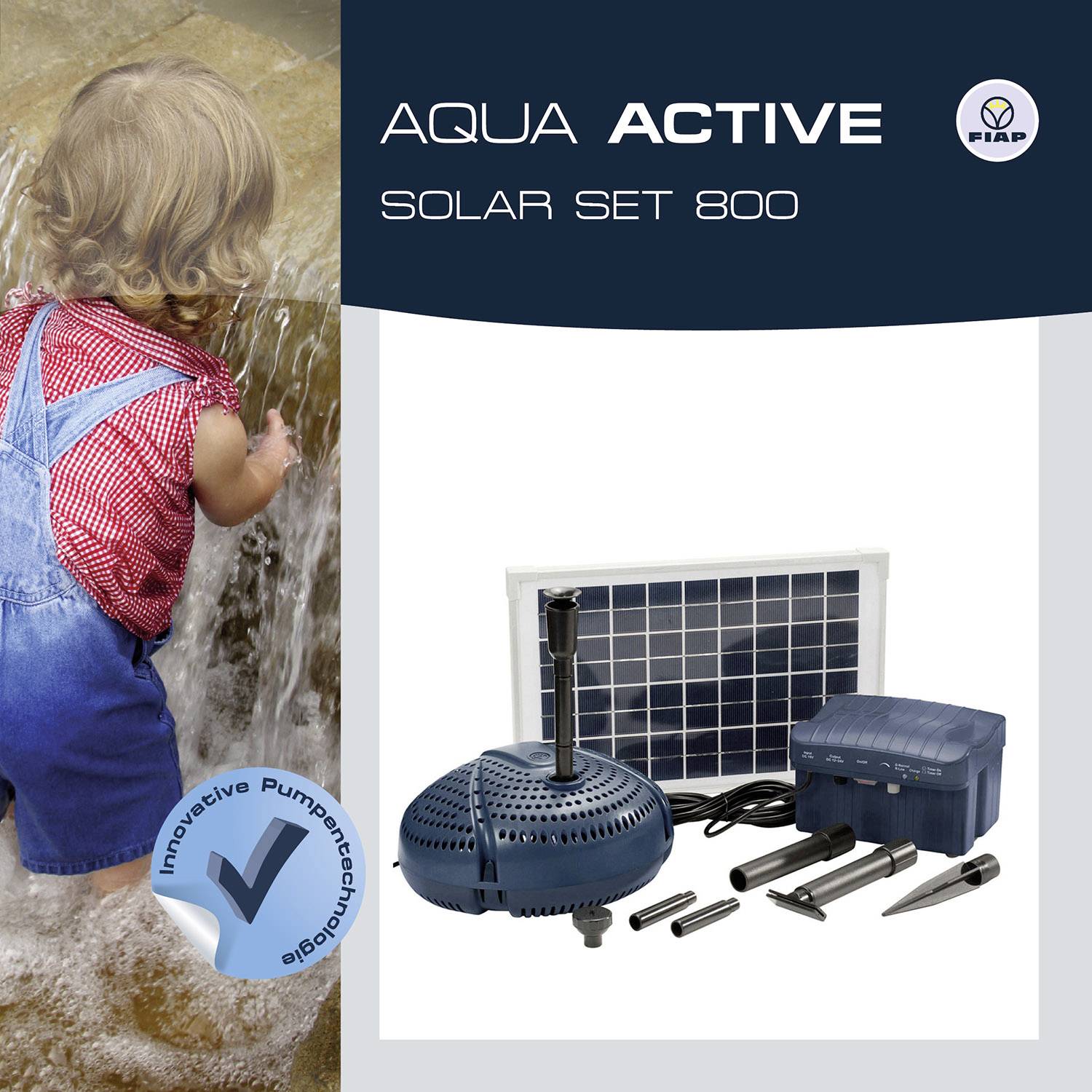 Klein kind speelt in het water; links. Rechts: 'Aqua Active Solar Set 800' met zonnepaneel en pomp afgebeeld. Klimaatvriendelijke techniek.