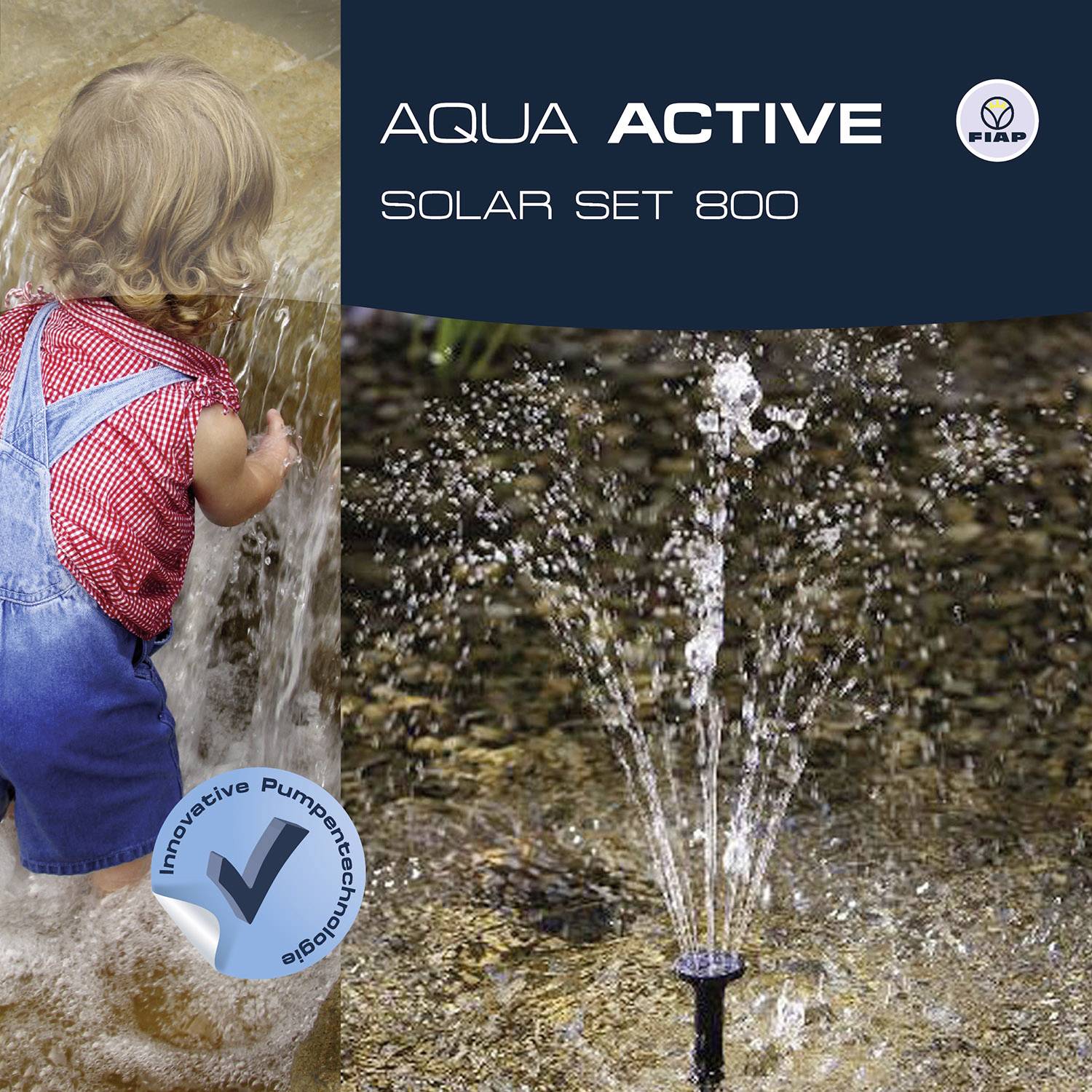 Een kind speelt met een waterfontein buiten. Rechts een sproeier, links het logo van het bedrijf AQUA ACTIVE. Productnaam: 'SOLAR SET 800'.