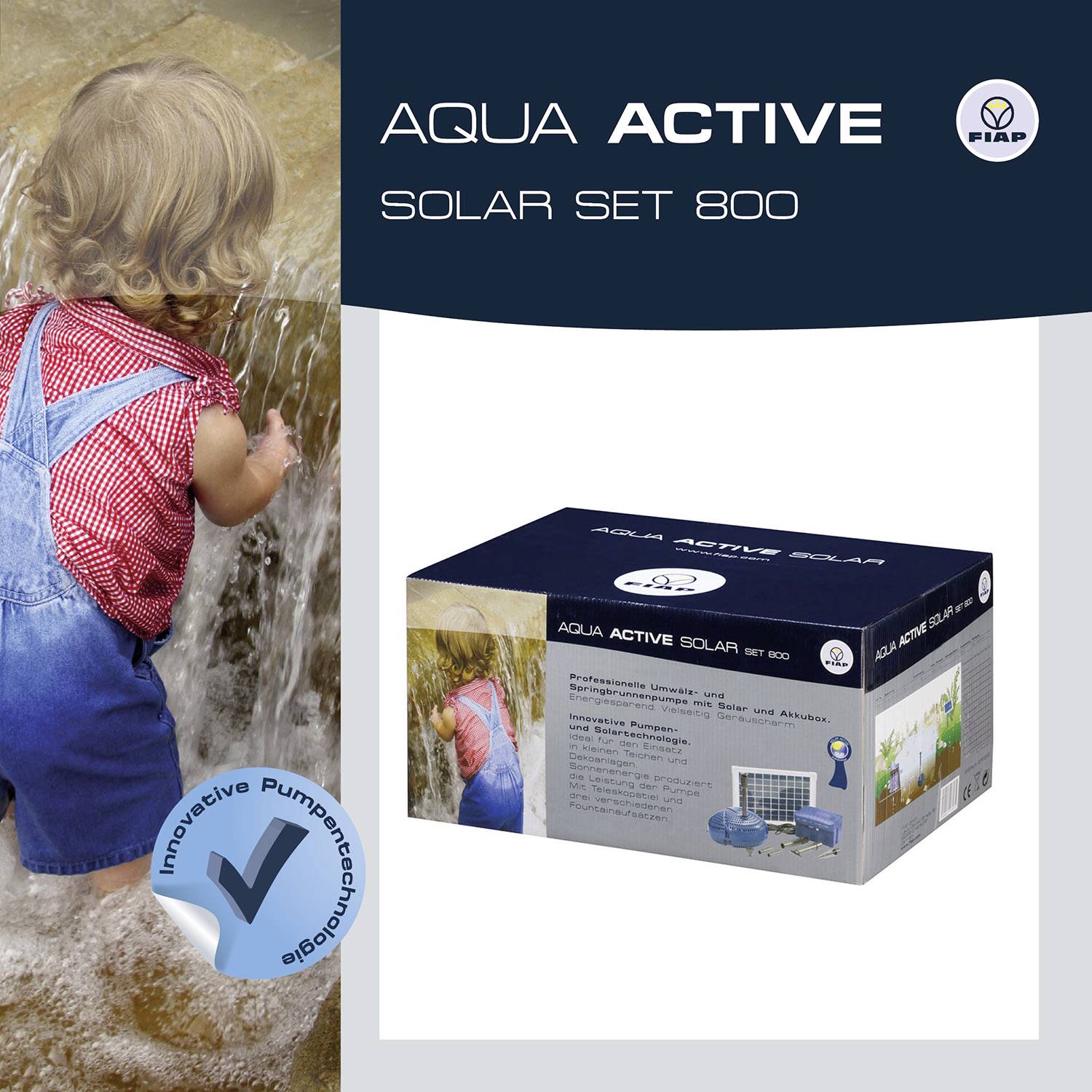 Een kleinkind speelt in een waterstraal; naast de verpakking van de 'Aqua Active Solar Set 800', een product van FIAP.