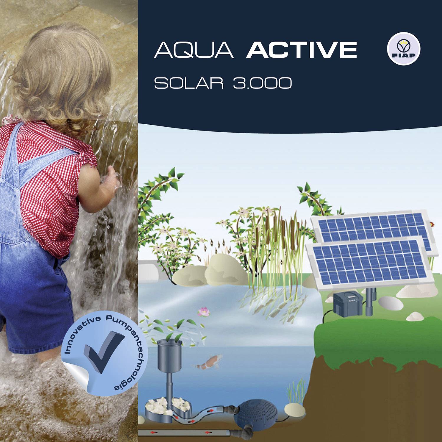 Een kind speelt in het water. Rechts een illustratie met een zonnepompsysteem voor vijver, planten en zonnepaneel. Tekst: 'Aqua Active Solar 3000'.