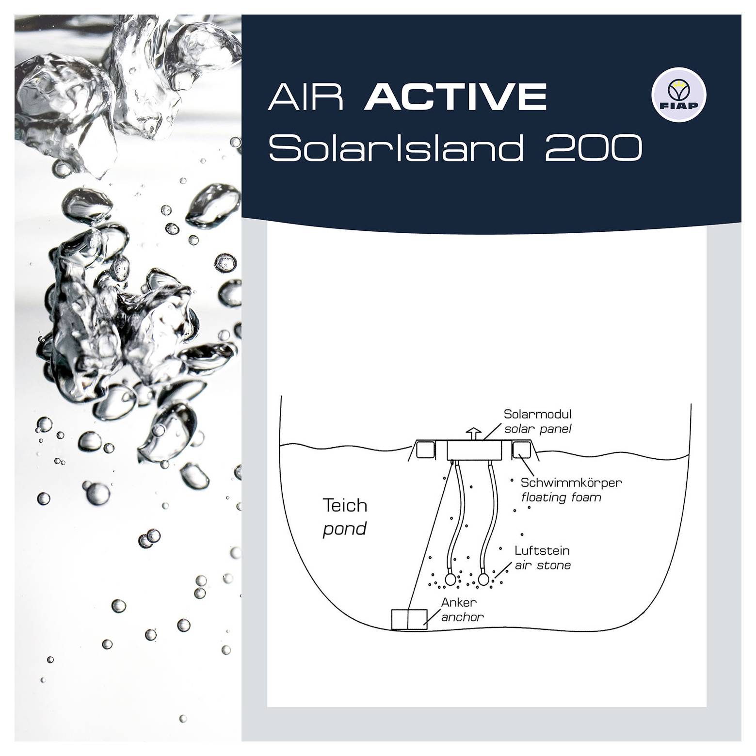 Diagram van de 'AIR ACTIVE Solarisland 200' met een drijvend zonnepaneel verankerd in een vijver, met luchtsteentjes en een drijvend schuimlichaam.
