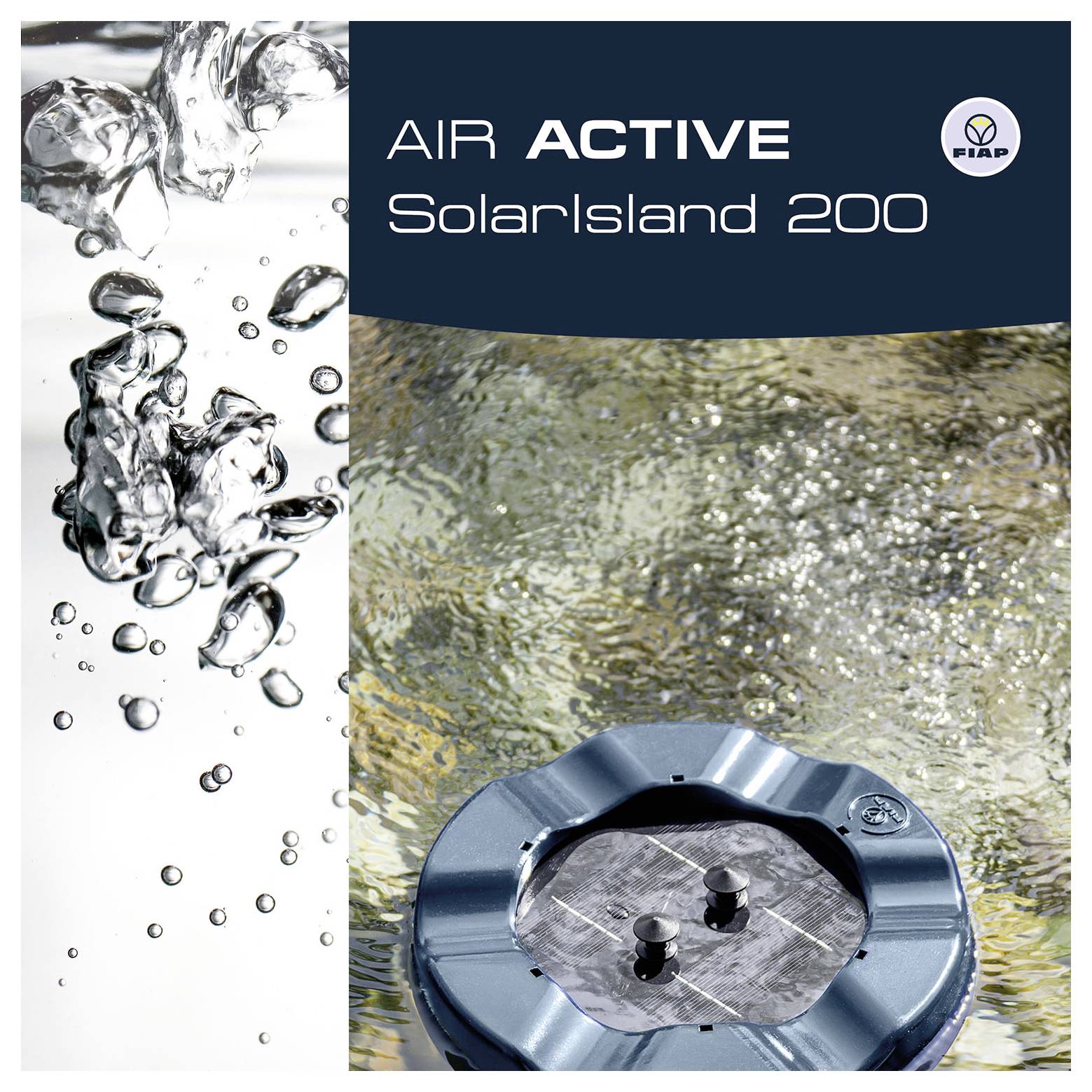 Product advertentie voor 'AIR ACTIVE Solarisland 200' met een FIAP-logo, waarin bellend water en een blauw drijvend apparaat op het oppervlak van een vijver of zwembad worden getoond.
