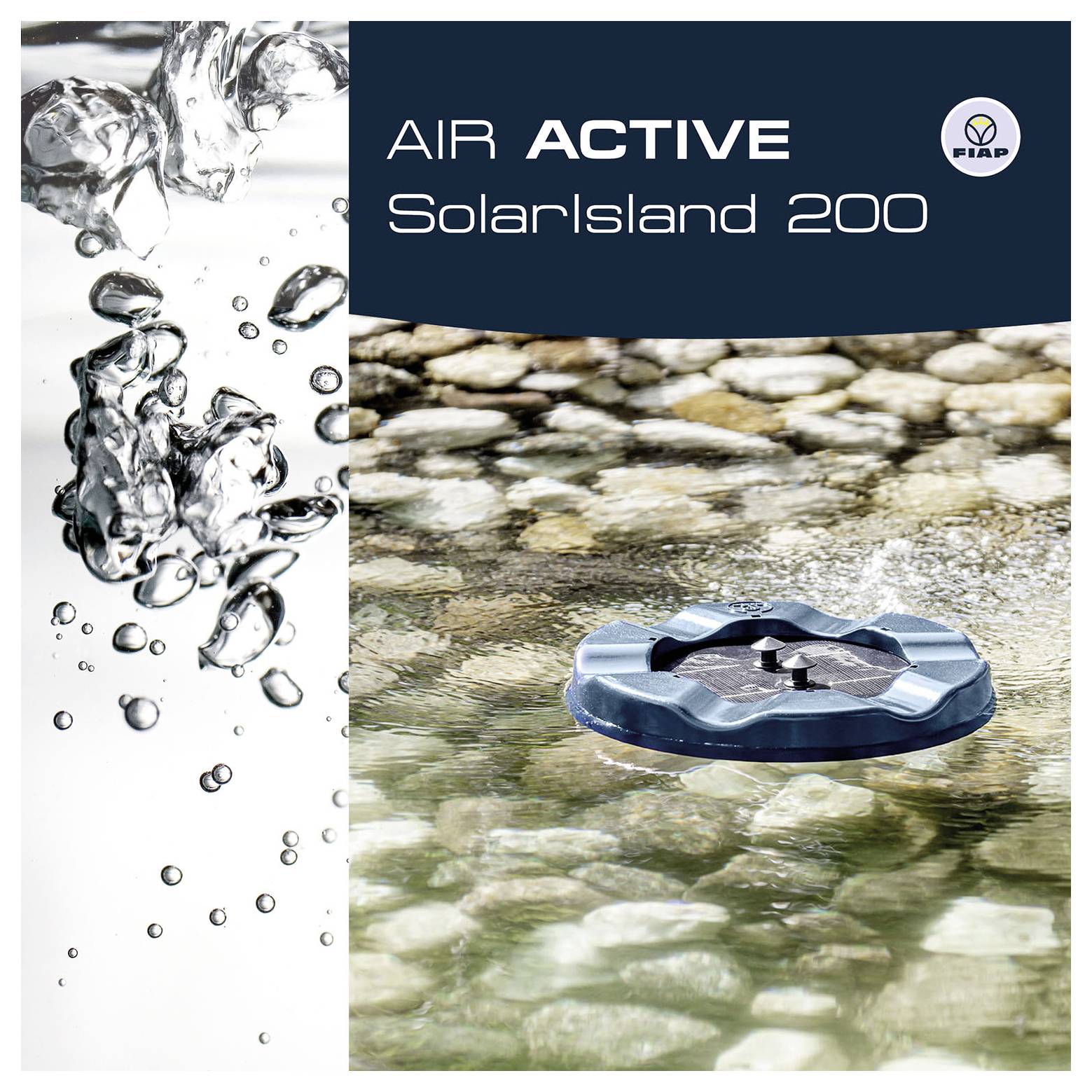 Productafbeelding voor 'AIR ACTIVE Solarlisland 200' met een zwevend blauw watertoestel met waterspetter en bellentextuur op de achtergrond.