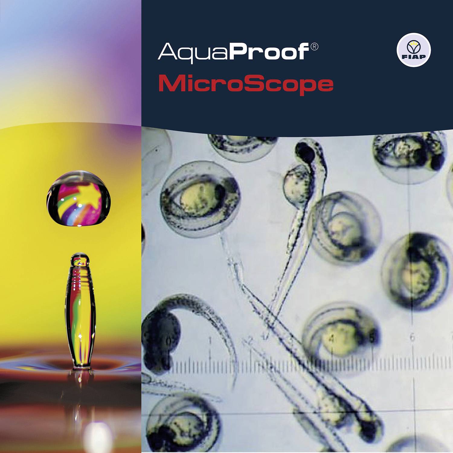 Afbeelding toont een microscopische opname van cellen en een waterdruppel, daarboven de tekst 'AquaProof MicroScope', ernaast een logo.