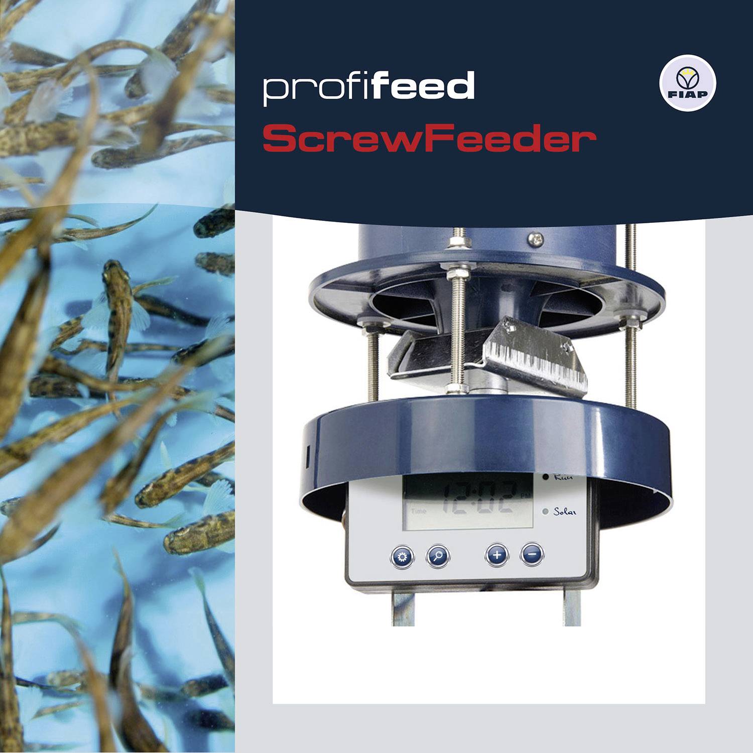 'ProfiFeed ScrewFeeder' met close-up van visvoer. Toestel met digitale weergave voor aquaculturen. Logo rechtsboven.