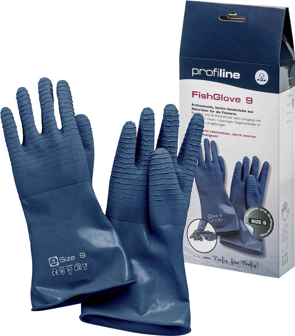 Blauwe rubberen vissenhandschoenen met gestructureerde grip en productdoos gelabeld 'profi line FishGlove 9' voor bescherming bij het vissen.