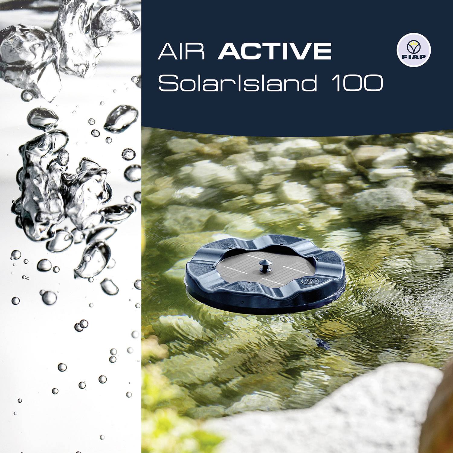 Twee afbeeldingen van bellen in water, links met transparante achtergrond, rechts met blauwe achtergrond. Tekst 'AIR ACTIVE' en logo rechtsboven.