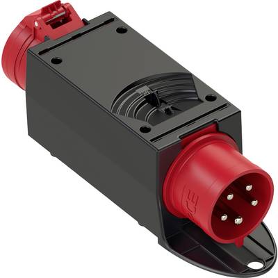 Rode, rechthoekige industriële stekker met meerdere ronde pinnen, gemonteerd op een zwarte behuizing. Geschikt voor elektrische toepassingen.