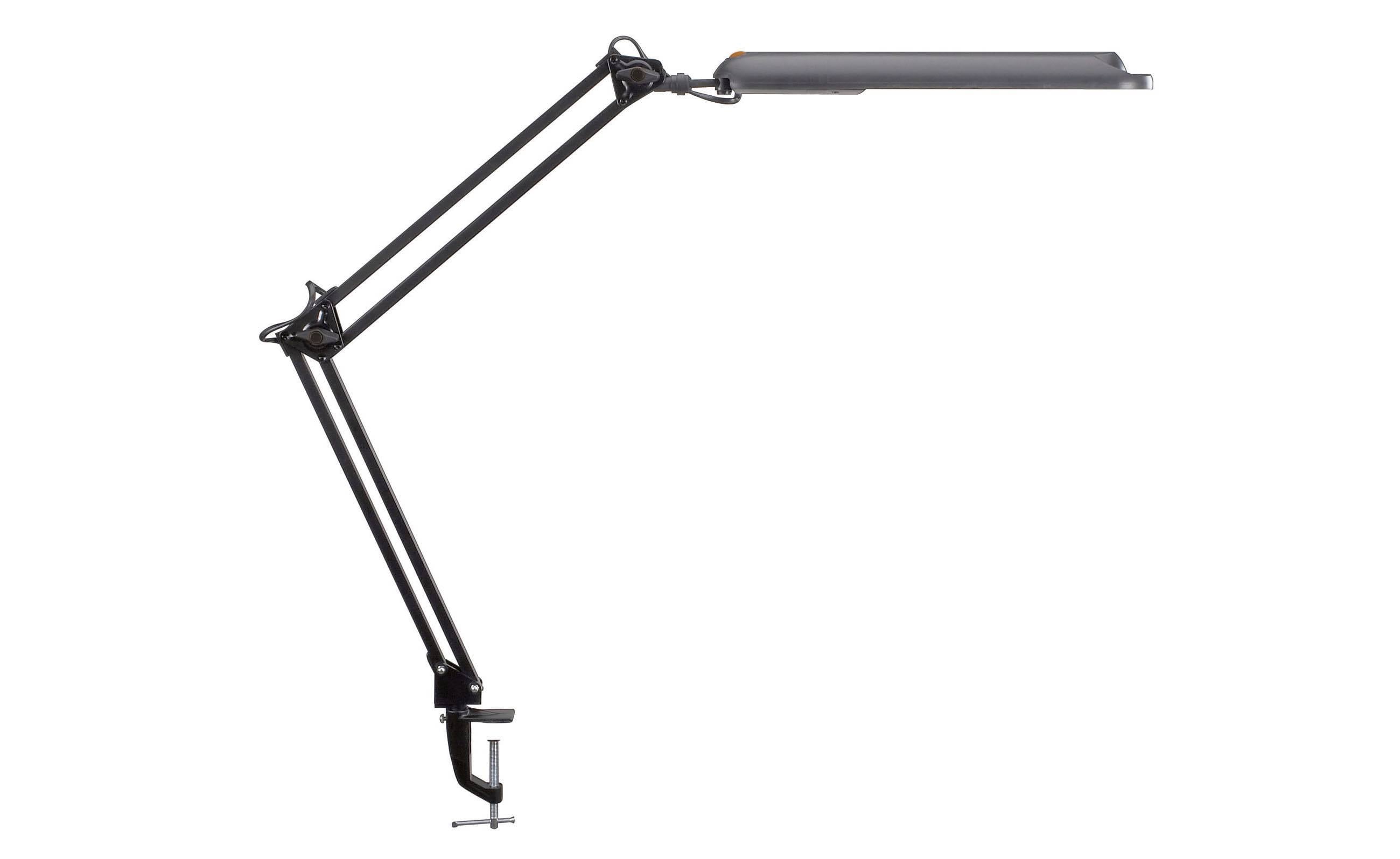Verstelbare bureaulamp met een lange, scharnierende arm en horizontale lichtbalk, weergegeven op een witte achtergrond.