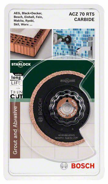'Bosch ACZ 70 RT5' Starlock-zaagblad in verpakking, geschikt voor voegen en slijpwerkzaamheden. Compatibel met meerdere gereedschapsmerken.