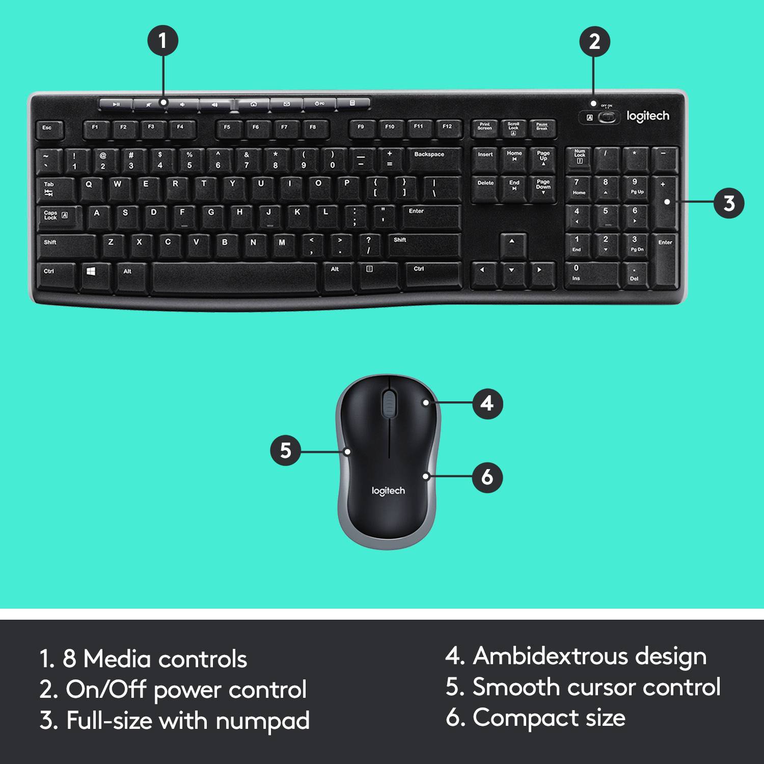 'Foto van een Logitech-toetsenbord en muis. Toetsenbord met 8 multimediabedieningselementen; geschikt voor linkshandigen; compact formaat.'