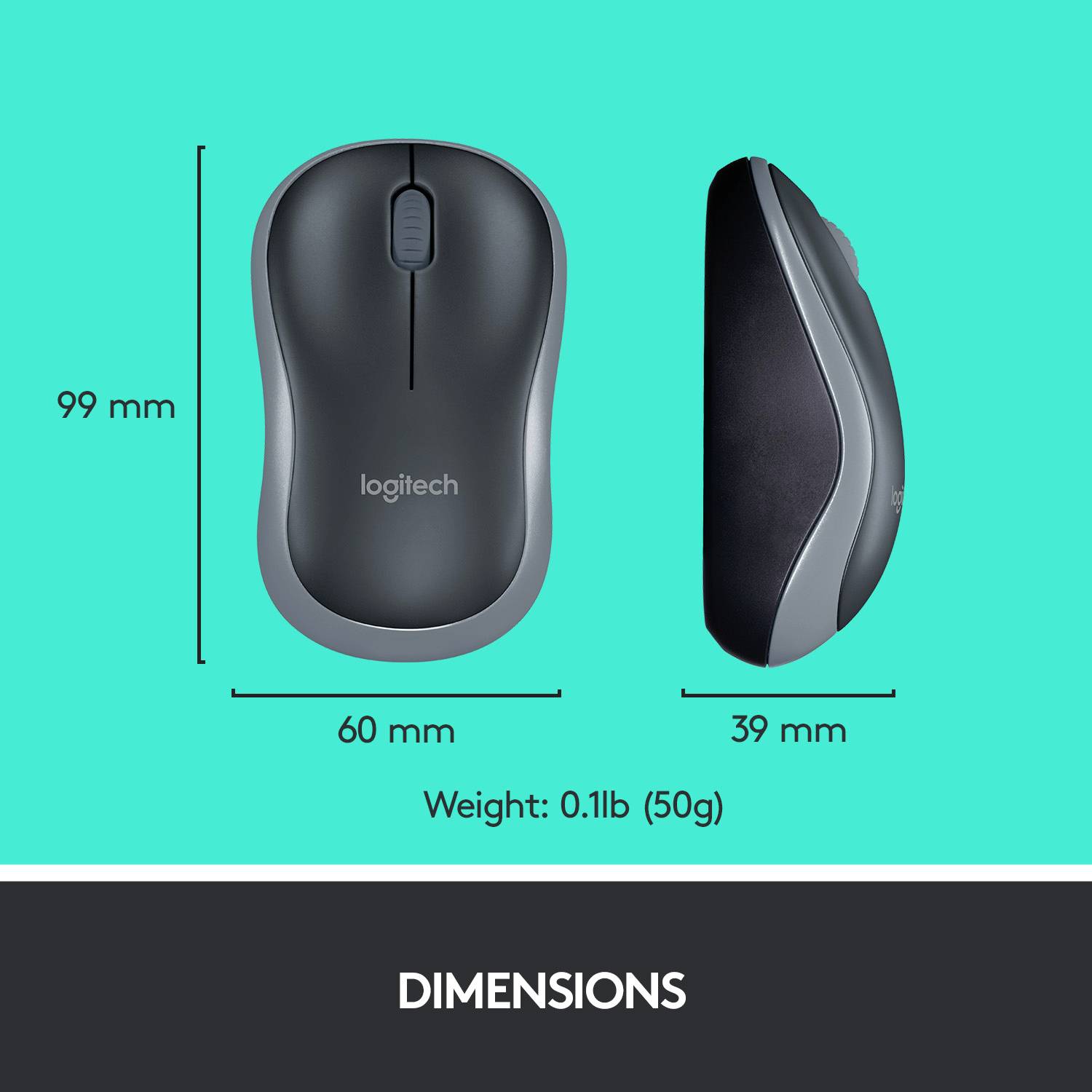 'Logitech muis, bovenaanzicht en zijaanzicht, afmetingen: 99mm x 60mm x 39mm, gewicht: 50g (0,11lb), tekst: AFMETINGEN.'