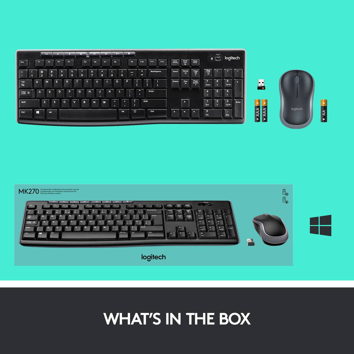 Een Logitech-toetsenbord en muis met batterij, geschikt voor Windows-computers. Model MK270, zwarte kleur, draadloos.