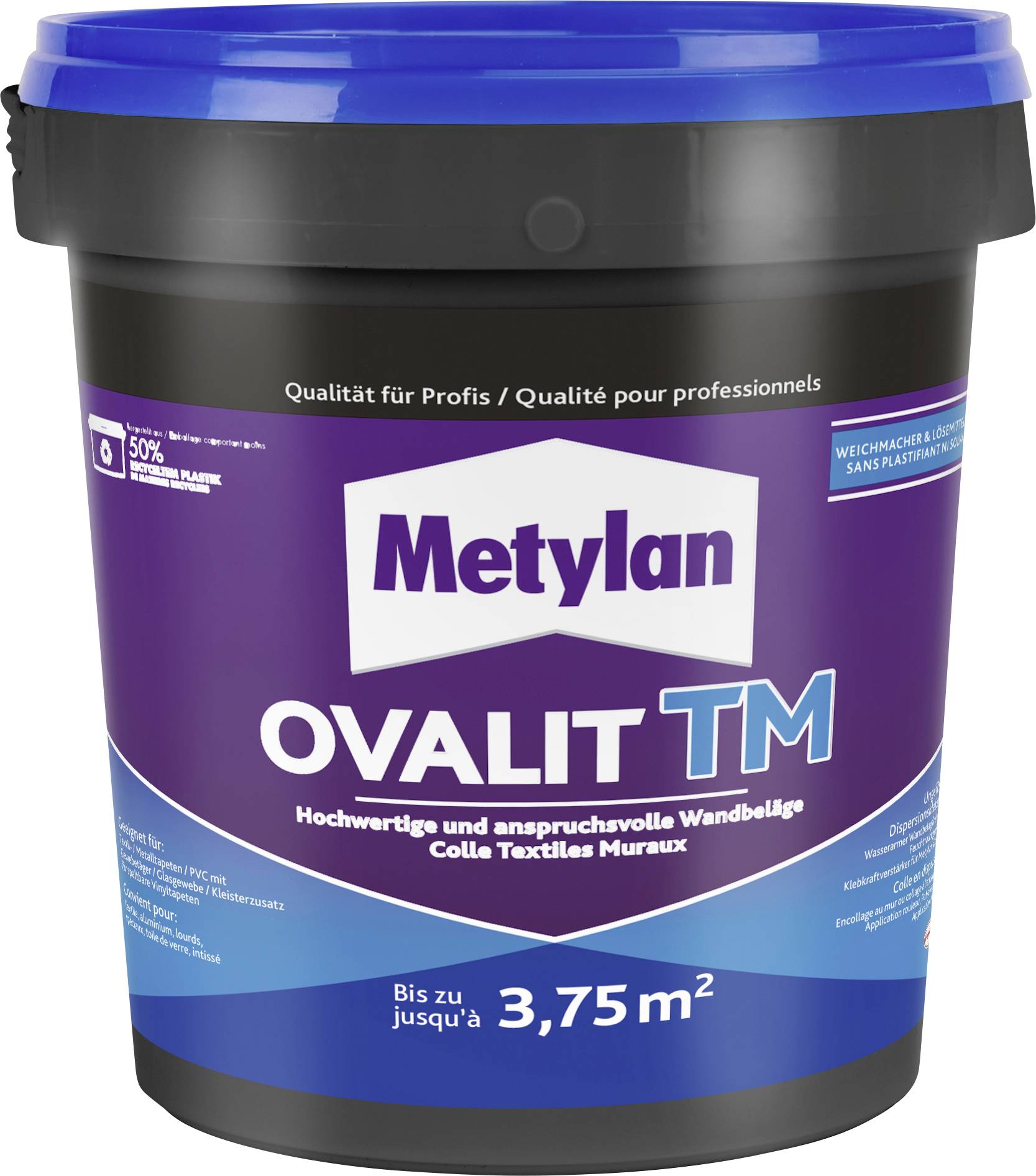 Een emmer Metylan Ovalit TM, een pasta voor professionele wandbekleding, gelabeld voor een oppervlakte tot 3,75 vierkante meter.