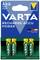 Vier AAA oplaadbare batterijen van Varta met 1000 mAh, op een groene en blauwe verpakking met het Varta-logo.