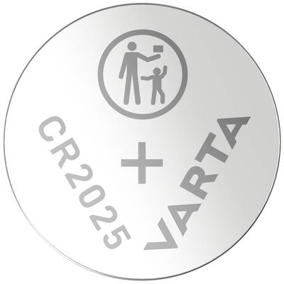 Een zilveren knoopbatterij met de opdruk 'VARTA CR2025'. Een symbool waarschuwt ervoor de batterij niet in kinderhanden te geven.