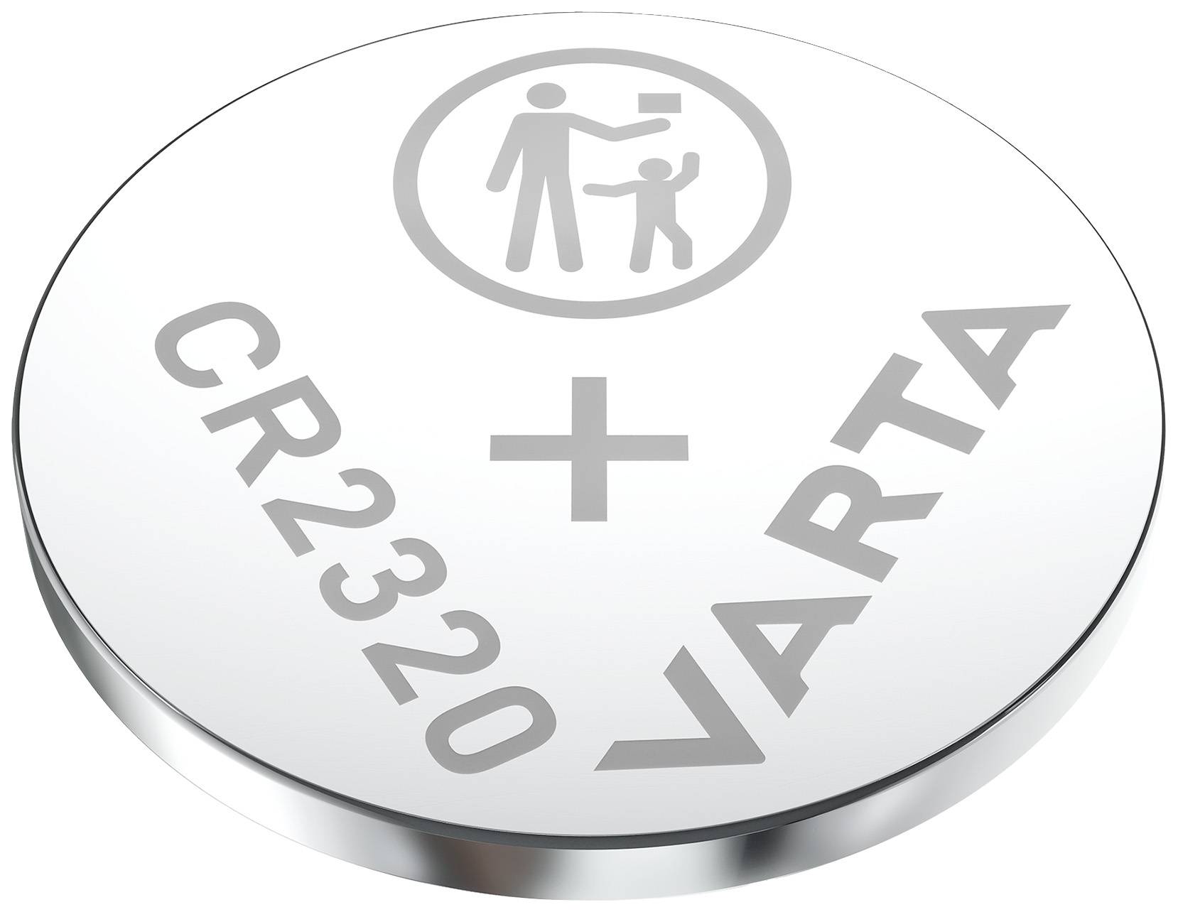Ronde knoopcelbatterij met opdruk 'CR2320' en 'VARTA'. Naast het plusteken is een symbool voor voorzichtigheid bij kleine kinderen afgebeeld.