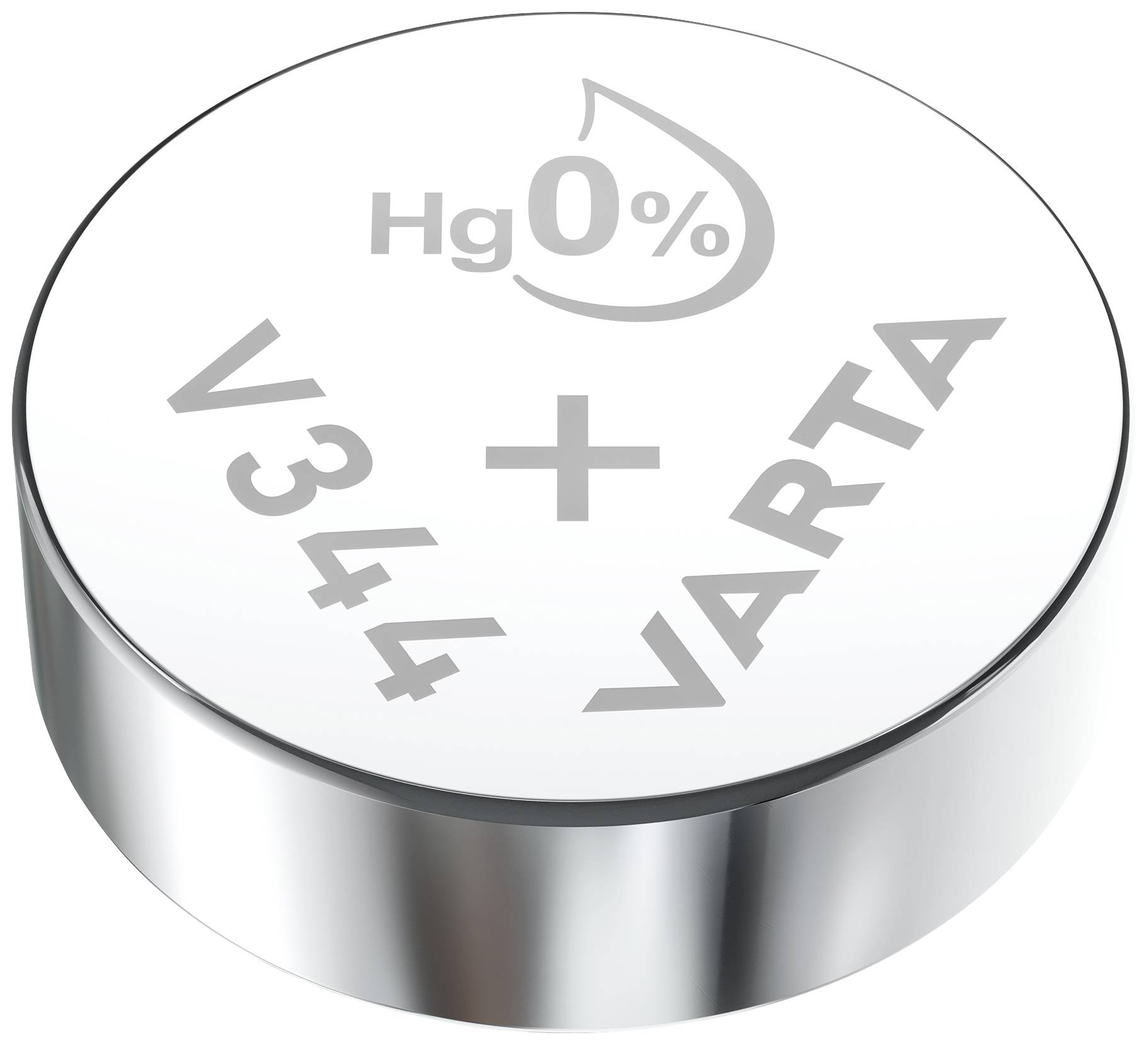 Een zilveren knoopcel met het opschrift 'V344', 'VARTA' en 'Hg0%', die wijst op een laag kwikgehalte.