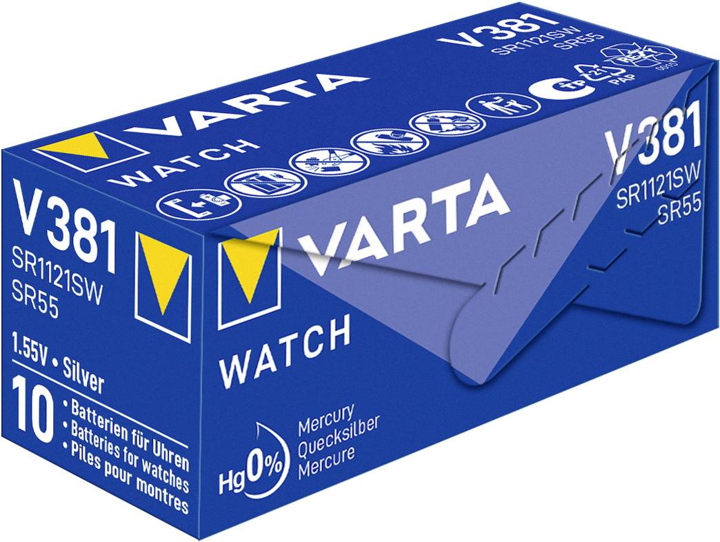 Blauwe verpakking van Varta horloge-batterijen, type V381, met details zoals '1,55V', 'Zilver', 'Hg 0%', voor polshorloge gebruik.