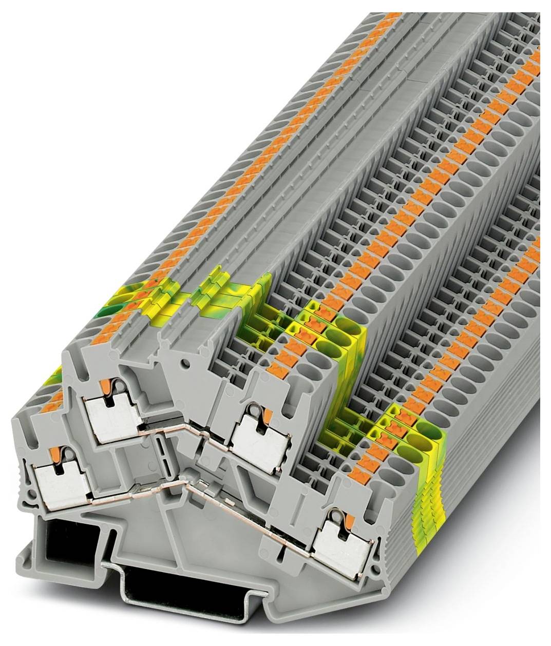'Een grijze kunststof klemmenblokken-assemblage met oranje en groene connectoren, aangebracht in een driehoekige configuratie.'