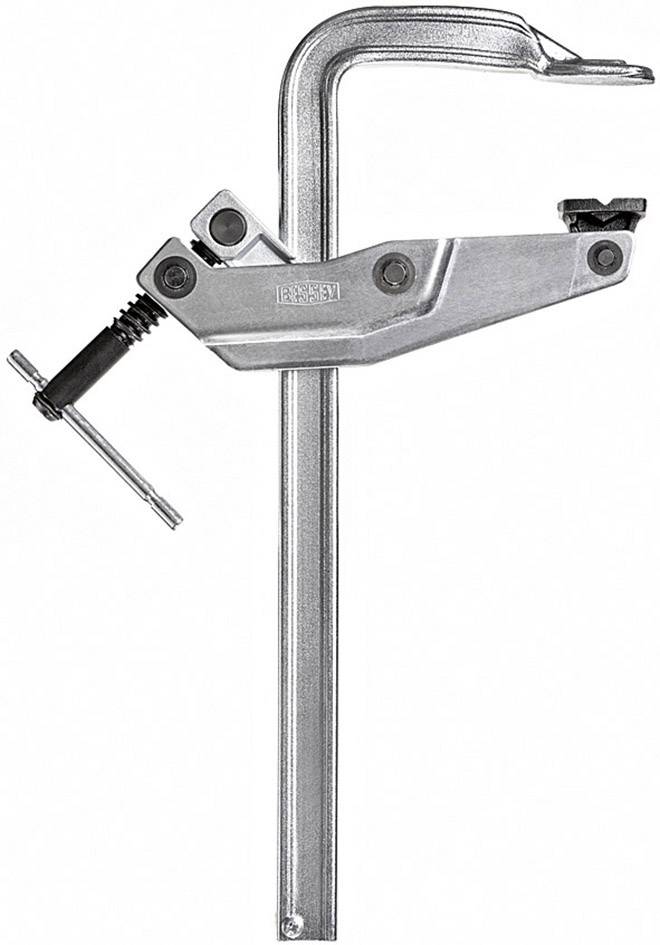 Een zilveren metalen schroeiklem met een drukmechanisme aan een lange greep, geschikt voor het vastklemmen van werkstukken.