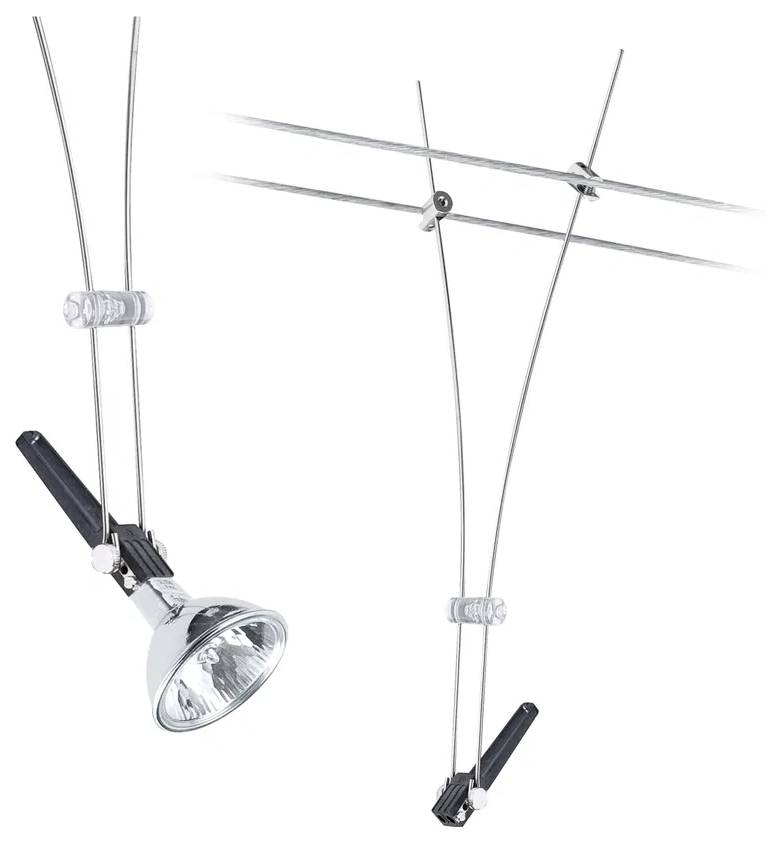 Een kabelsysteem met een gemonteerde stralenkop voor flexibele binnenverlichting, bestaande uit kabels en een halogeenspot.