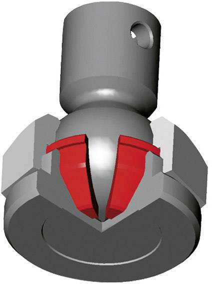 Een metallisch mechanisch onderdeel met een bolvormig element en rode, wigvormige inzetstukken, bekeken vanuit een licht schuin onderaanzicht.