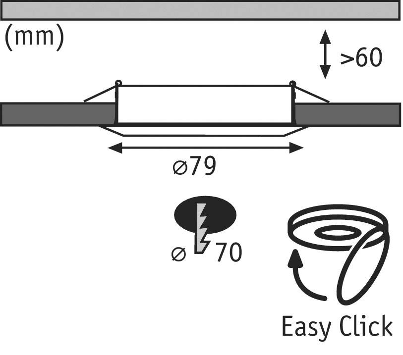 Technische tekening toont inbouwlampafmetingen: Diameter 79 mm, inbouwdiepte meer dan 60 mm, inbouwgat 70 mm. Symbolen voor 'Easy Click'.