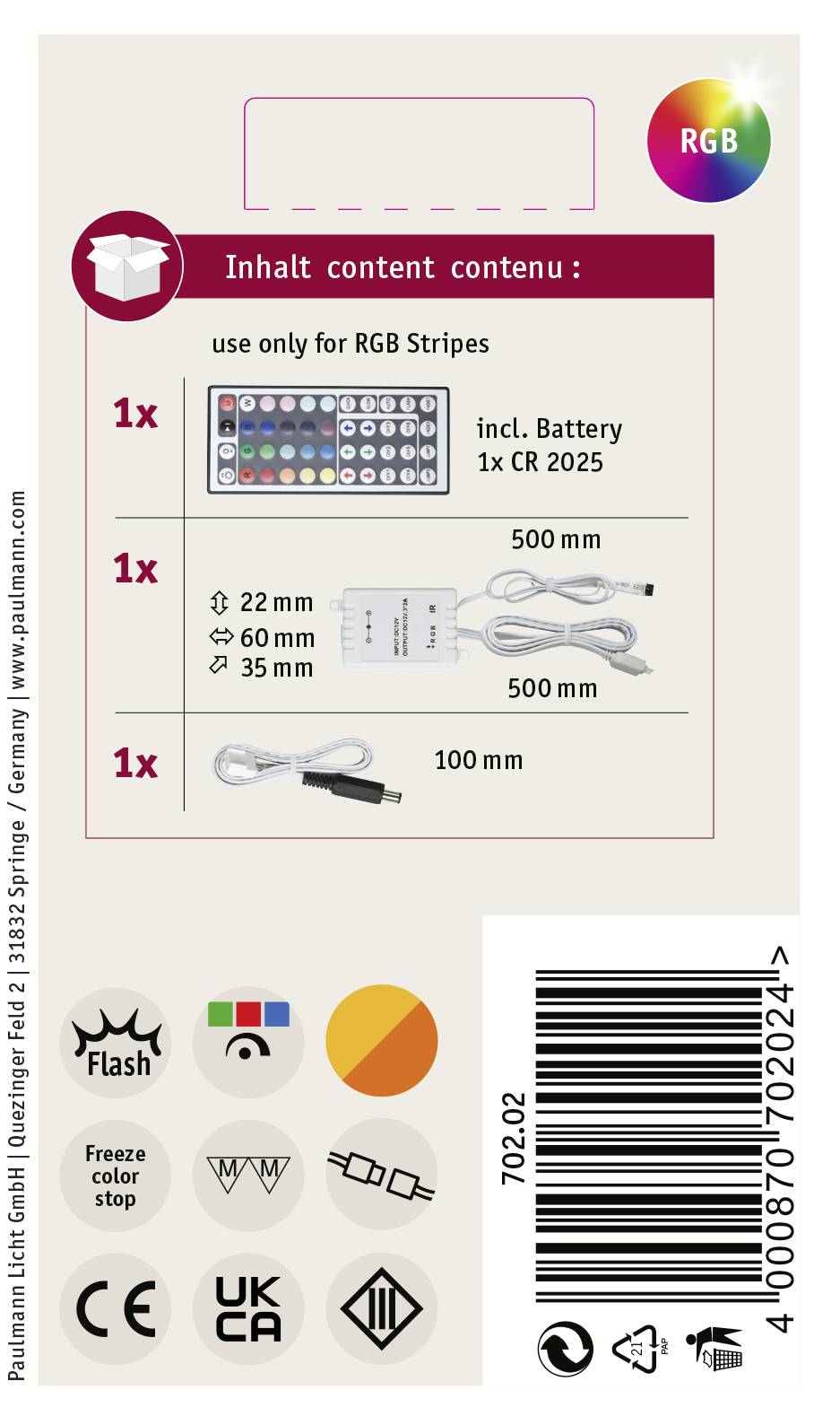 'Inhoud: 1x Afstandsbediening met batterij, 3x Kabels, 1x Adapter. Alleen voor RGB-strips. 22mm, 60mm, 35mm, 500mm, 500mm, 100mm kabels.'