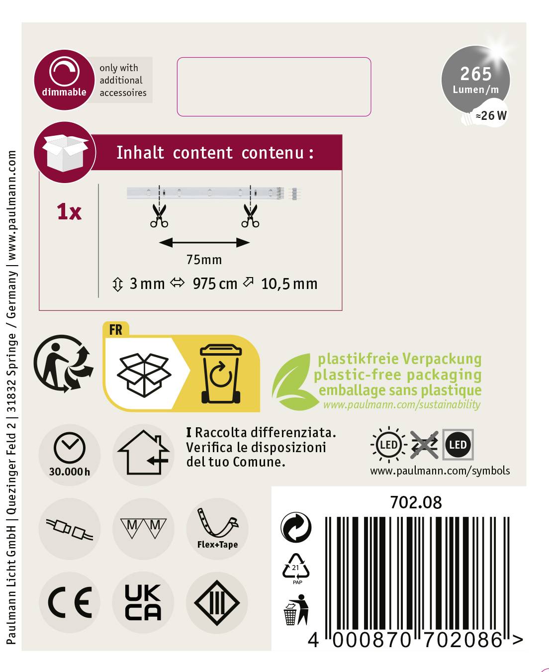 Here's the Dutch translation:<br><br>Verpakking van een dimbare LED-lamp, 265 Lumen/m, plasticvrije verpakking, compatibel met Paulmann-toebehoren.