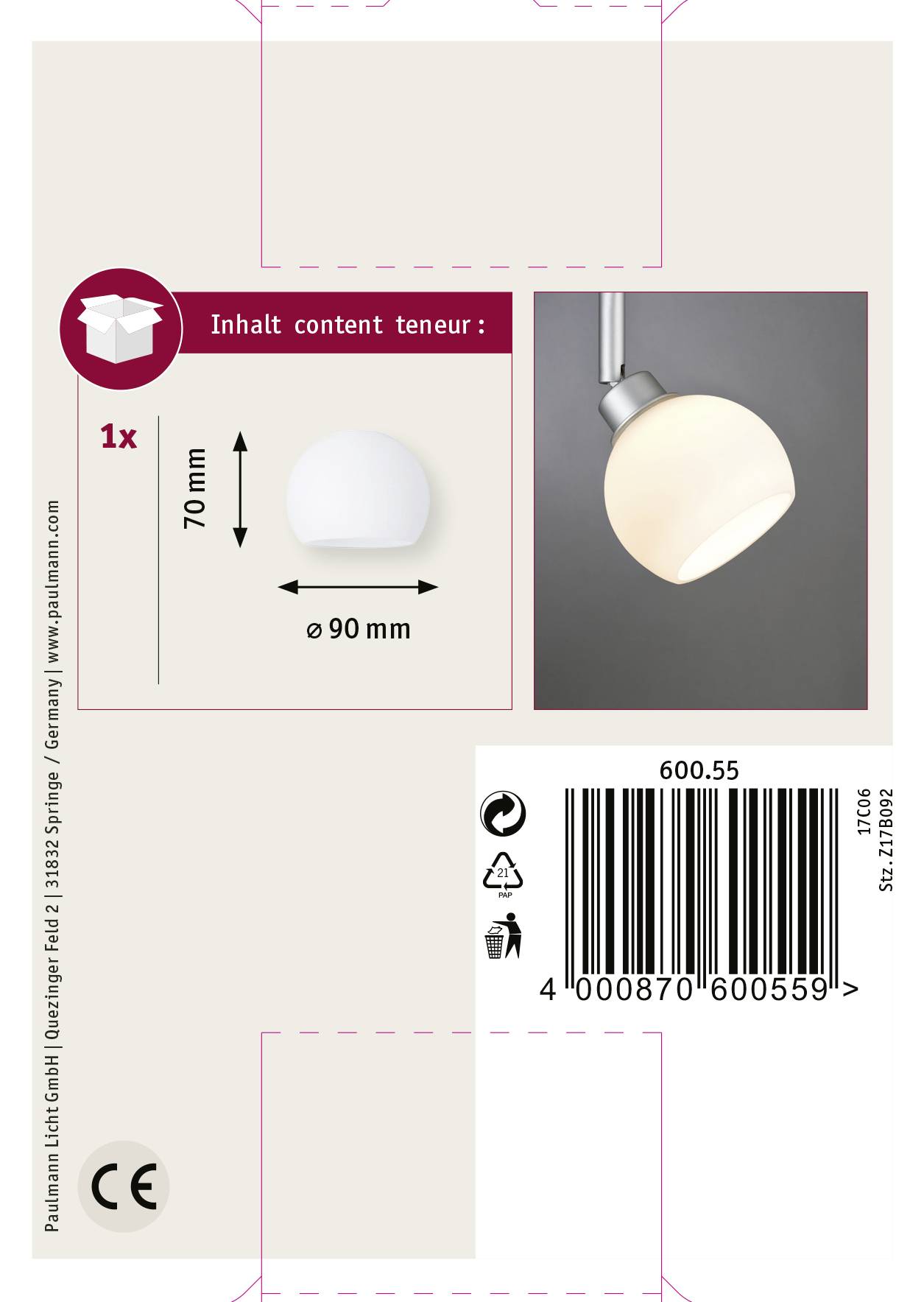 Inhoud: 1x Lamp, 70 mm hoog, diameter 90 mm. Afbeelding toont lamp met verpakkingsdetails en streepjescode.