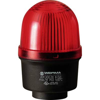 Een rode industriële signaalverlichting met een zwarte basis, gelabeld 'WERMA', die aangeeft dat deze werkt met een maximaal vermogen van 7 watt en een IP65-classificatie.
