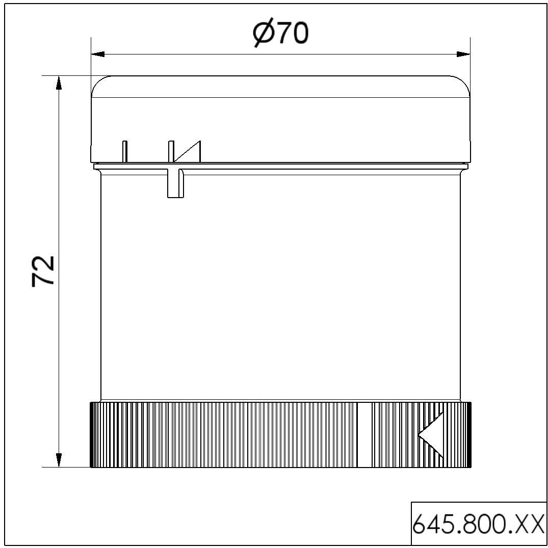 Technische tekening van een cilindrische container met Ø70 mm en 72 mm hoogte. Bevat afmetingen en structuurdetails.